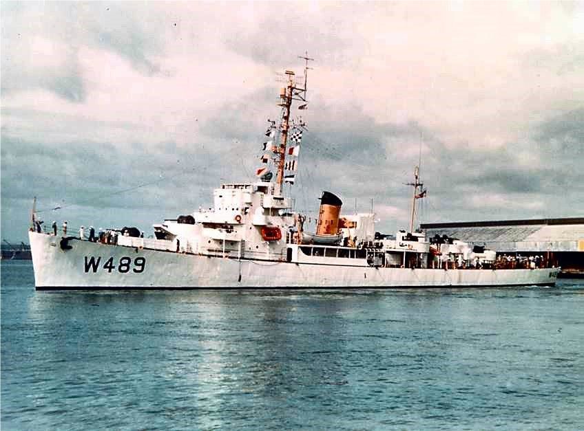 4.	Durant re-commissioned as a Coast Guard cutter in 1952 for Korean War ocean station duty. This color photograph show the cutter’s white hull and re-designation as WDE-489. (U.S. Coast Guard)