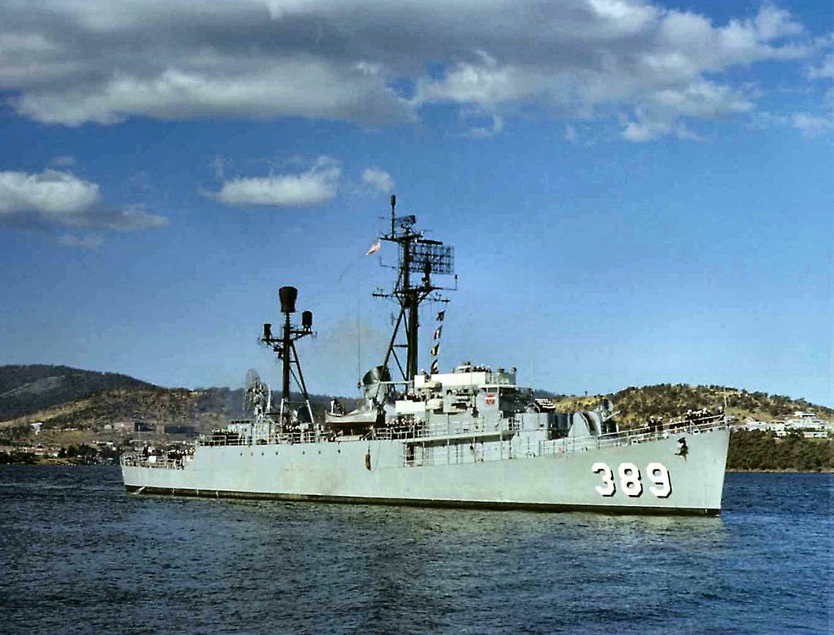 6.	Color photograph of freshly re-commissioned Navy destroyer escort and radar picket ship, USS Durant, showing the vessel’s modernized armament and radar antenna. (U.S. Navy)