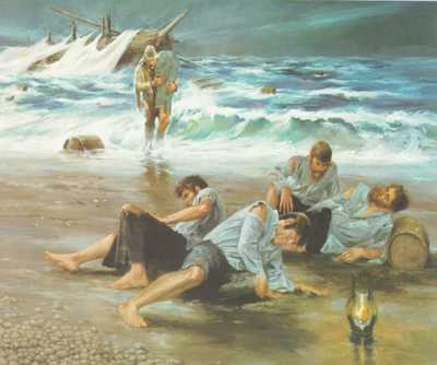 A painting of Rasmus Midgett rescuing the crew of the vessel Priscilla.