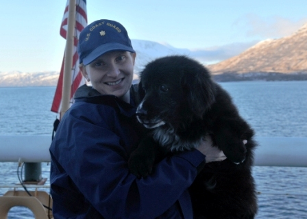 USCGC SPAR mascot Magellan with LCDR Miclele Schallip