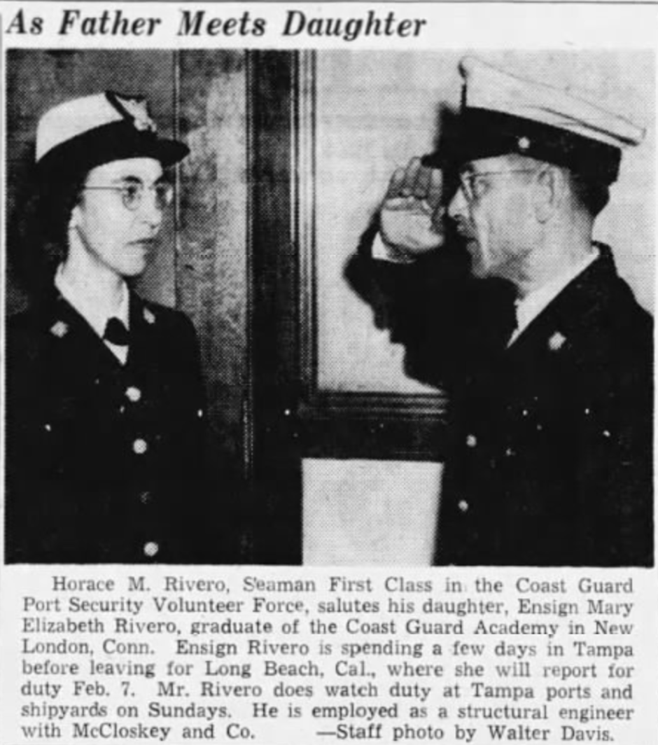 A press photograph showing Temporary Reservist Horace Rivero saluting his daughter, Lt.j.g. Mary Rivero, Jan. 31, 1944 the first known minority female to become a commissioned officer in the Coast Guard. (Courtesy the Tampa Times)