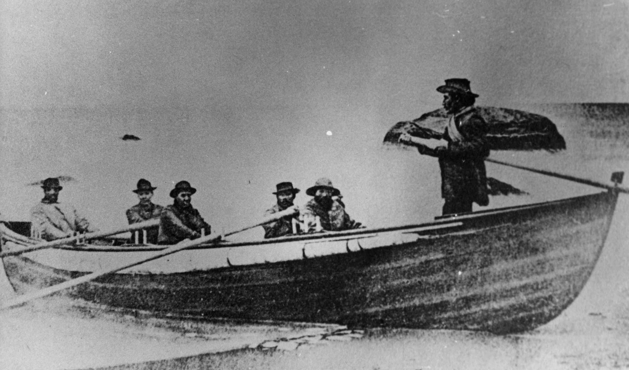 First boat used by Aquinnah Wampanoag rescuers, photographed after the event. Samuel Anthony is seated third from right. (Courtesy of the Martha’s Vineyard Museum) First boat used by Aquinnah Wampanoag rescuers, photographed after the event. Samuel Anthony is seated third from right. (Courtesy of the Martha’s Vineyard Museum)