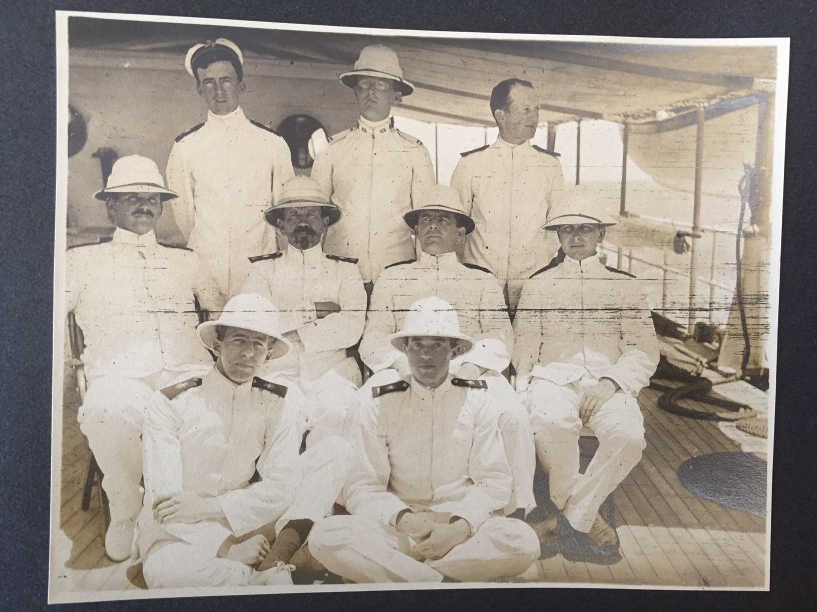 Officer’s photograph aboard Cutter Tahoma on its globe-circling cruise from the East Coast to its homeport on the West Coast. Satterlee is seated on the left with another future Tampa officer Archibald Scally behind him and future commandant, Russell Waesche, seated on deck to the right. (U.S. Coast Guard)v