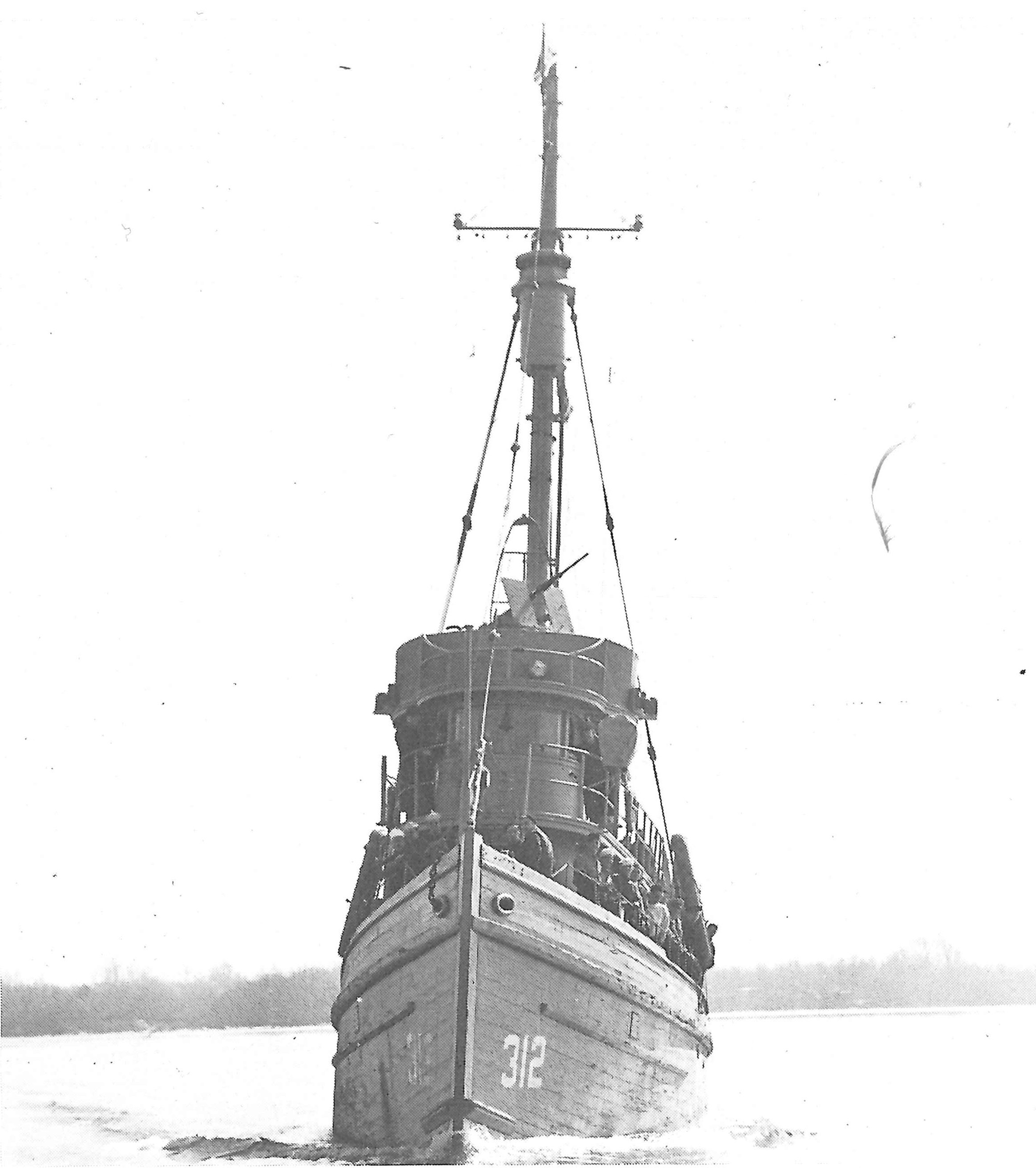 Bow shot of Wilcox’s sister cutter, EM Brusstar showing the narrow beam that made these former fishing vessels unstable in heavy seas. (U.S. Coast Guard)