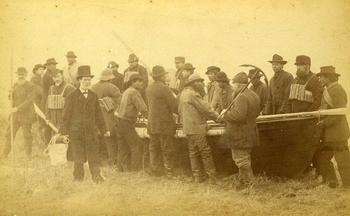 . Vintage photograph of all the local men who volunteered in the City of Columbus rescue. Samuel Anthony stands sixth from right behind the boat, looking at the camera. (Courtesy of the Martha’s Vineyard Museum)