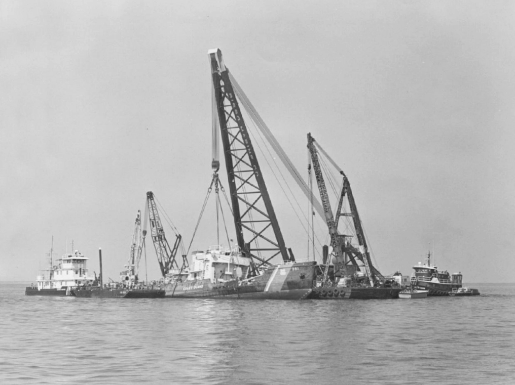 4.	A 1980 photograph of Blackthorn after its raising for inspection and subsequent sinking as a reef. (U.S. Coast Guard)