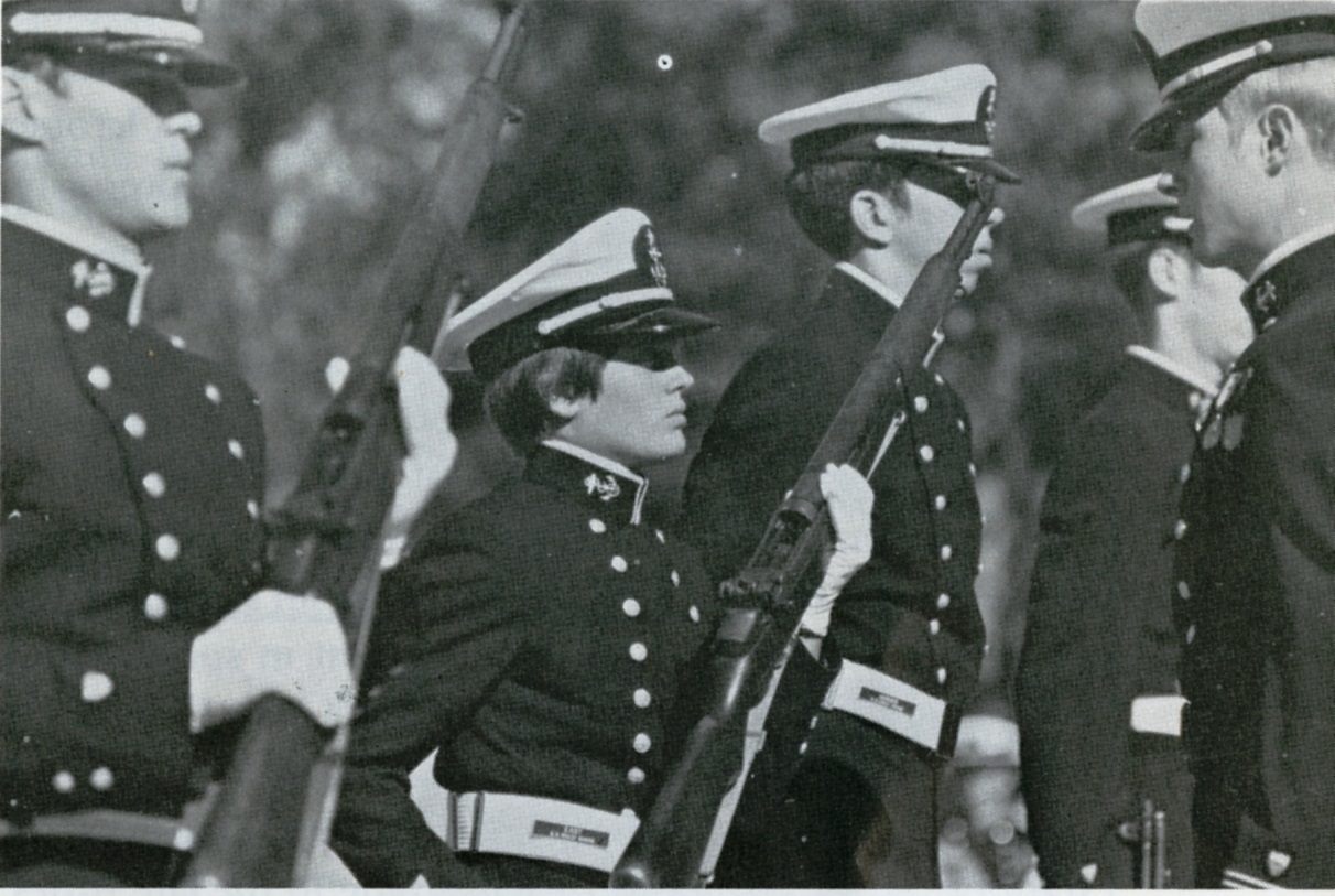 Cadet Mary Jane East in dress uniform during rifle inspection on the Academy parade grounds. (U.S. Coast Guard Photo)