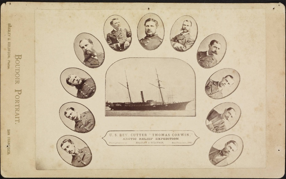 Vintage officers’ photograph from the 1880 cruise of the Corwin, including Captain Calvin Hooper (top) and executive officer, Lt. Michael Healy (top left). (Digital Collections of the Huntington Library) Vintage officers’ photograph from the 1880 cruise of the Corwin, including Captain Calvin Hooper (top) and executive officer, Lt. Michael Healy (top left). (Digital Collections of the Huntington Library)
