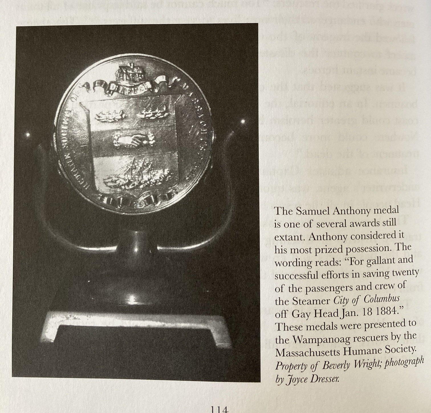 The medal bestowed on Samuel Anthony by the Massachusetts Humane Society for his heroic service in the City of Columbus rescue (Courtesy of Tom Dresser and Beverly Wright)