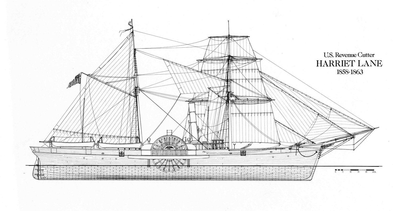 Profile plan drawing of the powerful steam cutter Harriet Lane, built in 1857 under the supervision of Captain Alexander Fraser. (U.S. Coast Guard Collection)