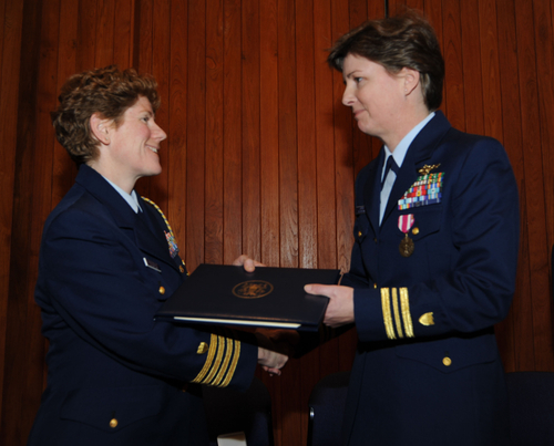 Kelly Mogk Larsen rose through the enlisted ranks then completed Officer Candidate School before receiving her commission. (U.S. Coast Guard)