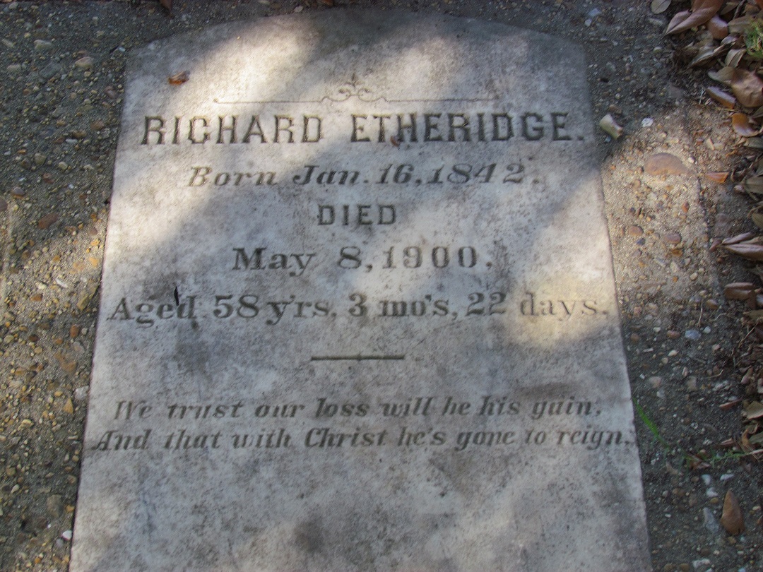 Headstone of Richard Etheridge located at the North Carolina Aquarium on Roanoke Island. (Courtesy of Bill Thiesen) Headstone of Richard Etheridge located at the North Carolina Aquarium on Roanoke Island. (Courtesy of Bill Thiesen)