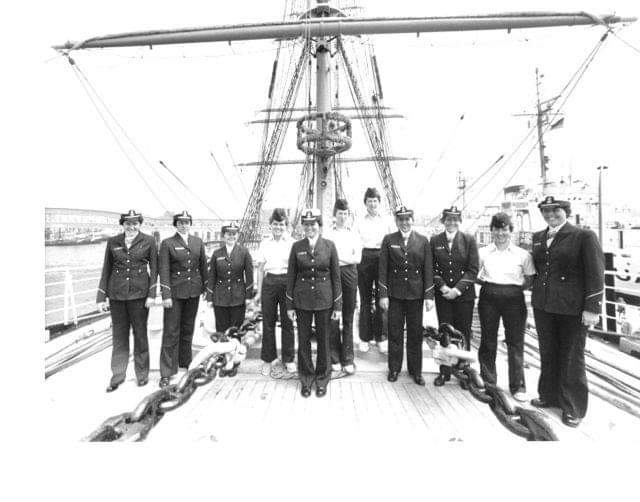 Female cadets on board the Eagle during the summer cruise to Europe. (U.S. Coast Guard Photo)