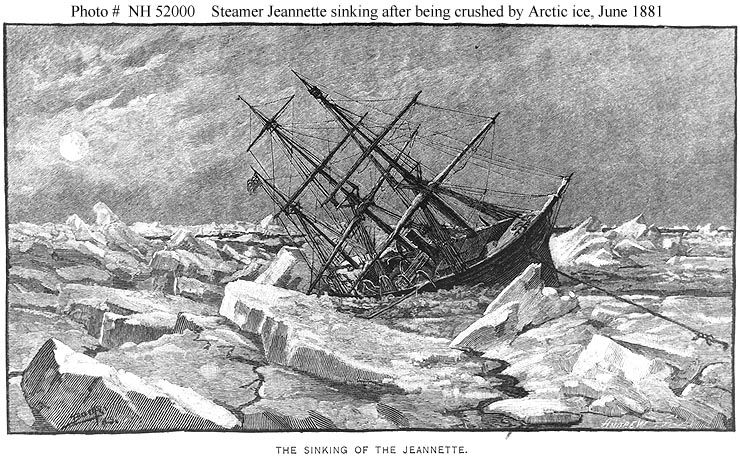 Engraving showing the privately-funded Arctic expedition vessel Jeanette being crushed by ice floes before sinking in mid-June 1881. (Naval History and Heritage Command) Engraving showing the privately-funded Arctic expedition vessel Jeanette being crushed by ice floes before sinking in mid-June 1881. (Naval History and Heritage Command)