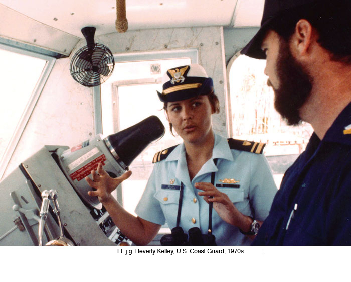 Lt. j.g. Beverly Kelley, first woman to command a U.S. military vessel, on the bridge of the 95-foot cutter Cape Newhagen.