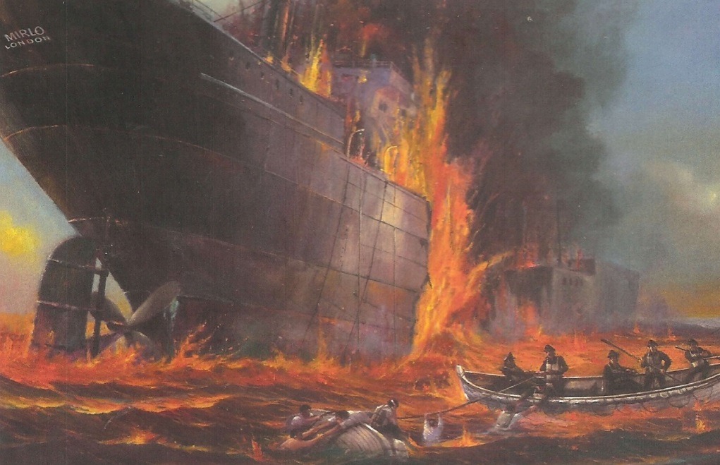 A painting showing John Midgett’s heroic rescue of the Mirlo’s crew from burning waters surrounding the ship. Painting by marine artist Austin Dwyer (Chicamacomico Historical Association)